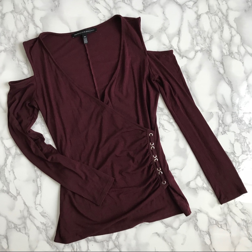 Lace-up Cold Shoulder Deep V Neck Maroon Top